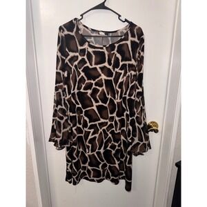 MSK Women Giraffe Print Bell Sleeve Shift Dress Brown Cream Plus Size 1X